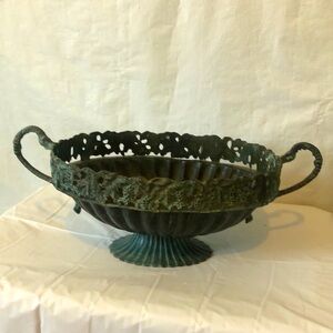 Art Deco bronze metal 20” compote centerpiece bowl grape wine motif scalloped
